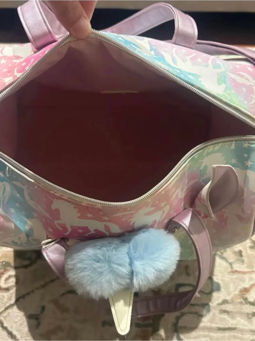 Unicorn Print Kids Tote Bag with Blue Pom-Pom